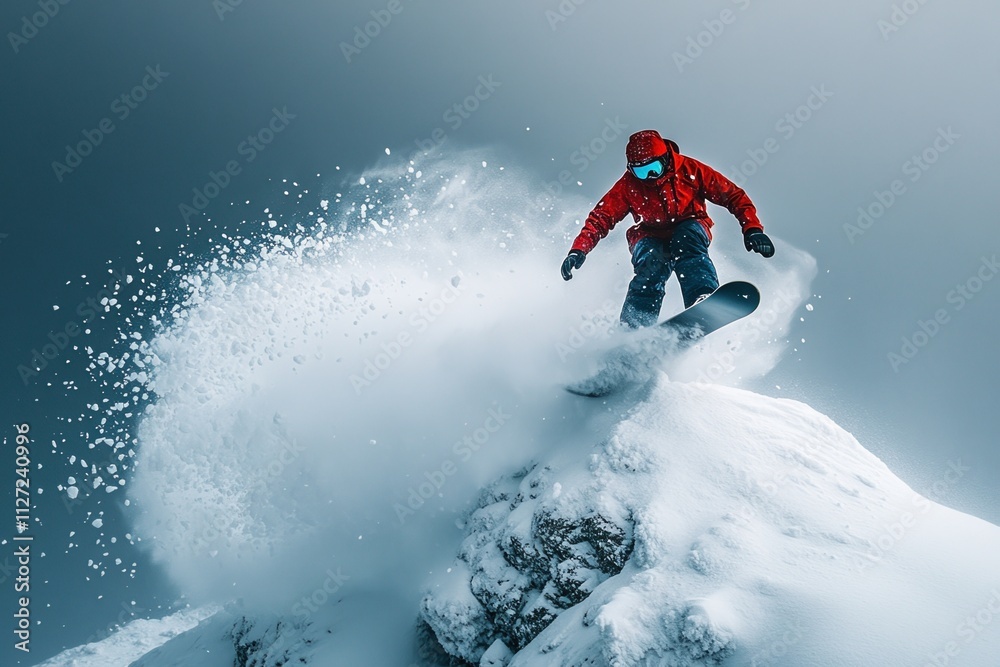 Wall mural Snowboarder in red jacket gracefully carving through fresh snow on mountain peak in dynamic winter scene, extreme sports concept