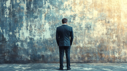 Obraz premium Businessman standing in front of a grunge wall, deep in thought about the future of his company