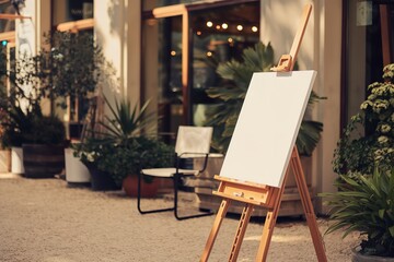 a wooden easel with a blank white canvas.