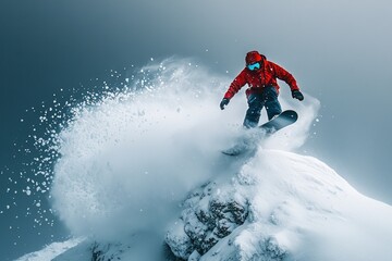Snowboarder in red jacket gracefully carving through fresh snow on mountain peak in dynamic winter scene, extreme sports concept