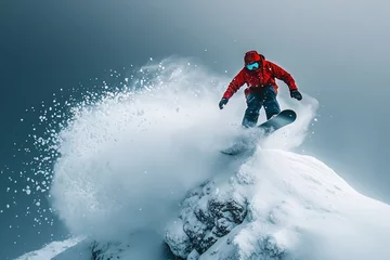 Selbstklebende Fototapeten Snowboarder in red jacket gracefully carving through fresh snow on mountain peak in dynamic winter scene, extreme sports concept © zakiroff