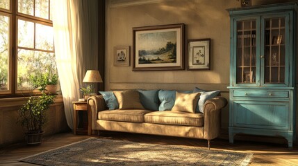 Sunlit living room with antique furniture, sofa, and paintings.