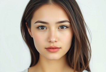 Naklejka premium A calm and serene half-length portrait of a young adult woman with a neutral expression.