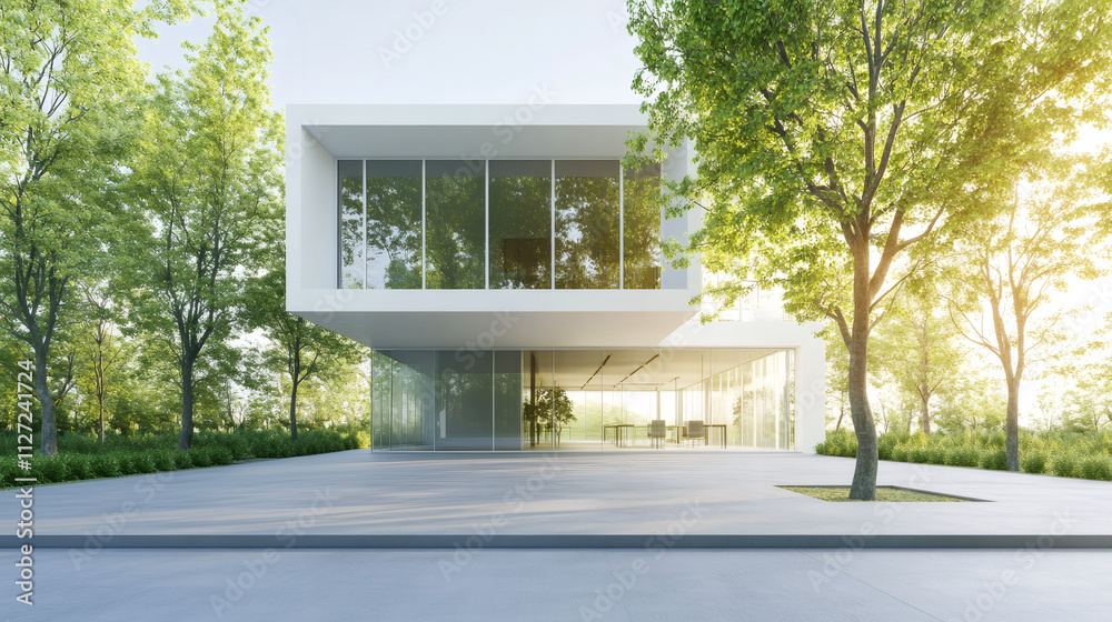 Poster modern glass office building with large windows surrounded by green trees and bushes, showcasing sus