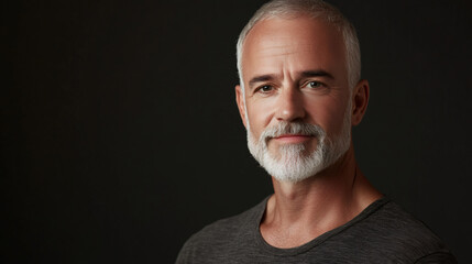 Obraz premium Confident mature man with grey hair and beard posing in studio, exuding experience and wisdom against a black backdrop