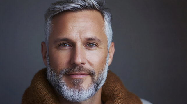 Stylish mature man with grey hair and beard exuding wisdom, experience, and confidence in a close-up portrait