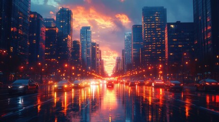 Fototapeta premium A vibrant cityscape at sunset with wet streets reflecting colorful lights.
