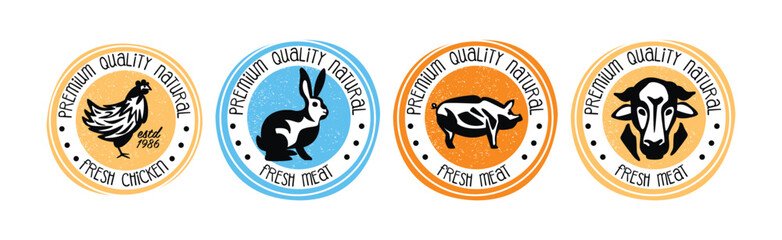 Farm Meat Label and Sticker with Fresh Cattle and Poultry Vector Set