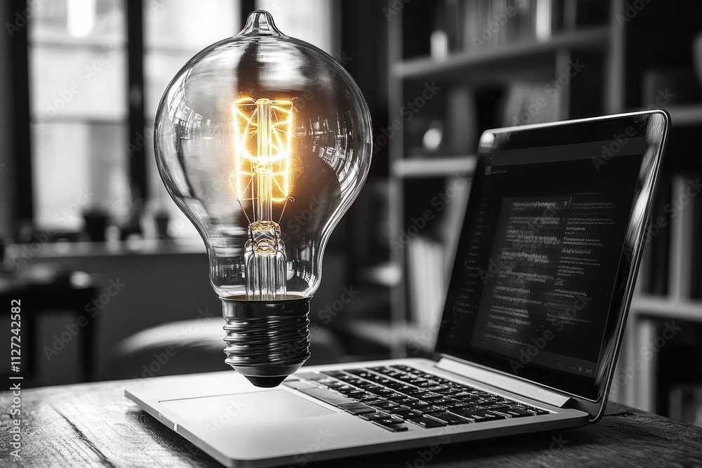 Aufkleber light bulb hovering above a modern laptop, representing creativity and business innovation, captured