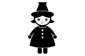 Christmas Adorable Doll in Tall Hat Silhouette, festive doll vector, black silhouette doll, Christmas character icon, cute holiday doll, black and white Christmas art.