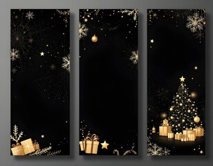 Modern Christmas story template set. Black and gold New Year backgrounds for social media with snowflakes, gifts, Christmas tree and abstract shapes.