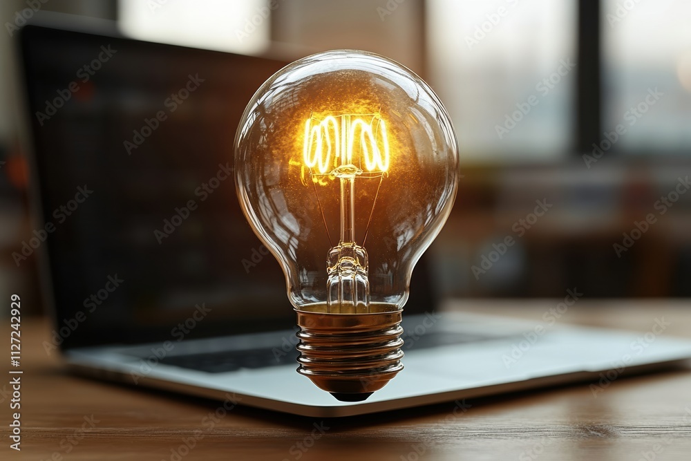 Aufkleber light bulb hovering above a modern laptop, representing creativity and business innovation, captured