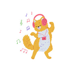 Vector illustration of a dancing cat with a yellow color in headphones with a player