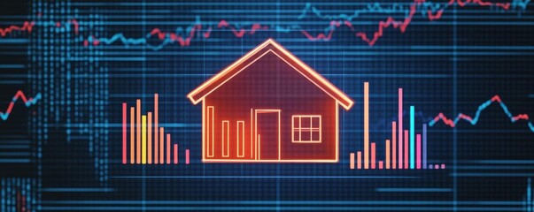 Fototapeta premium A digital illustration showing a house surrounded by graphs, representing household finance analysis