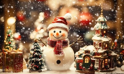 Fototapeta premium Two cheerful snowmen embrace each other warmly in a snowy landscape, adorned with bright holiday accessories, while gentle snowflakes descend around them