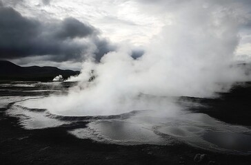 Fototapeta premium A hot spring in Iceland, surrounded by steam and geysers under cloudy skies.