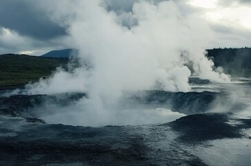 A hot spring in Iceland, surrounded by steam and geysers under cloudy skies.