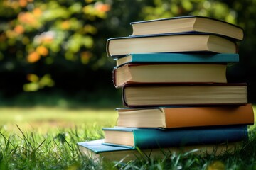 Stacked books on green grass with sunlight filtering through the trees