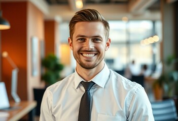 Obraz premium A professional salesman in a modern office setting with a friendly and approachable demeanor.