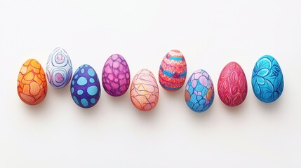Vibrant Easter eggs with unique hand-drawn designs, arranged symmetrically on a crisp white background for a festive aesthetic.