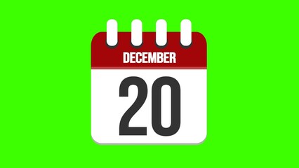 December 20. Cartoon style calendar. Cartoon style calendar with date and month name on green chroma key background. 4k.