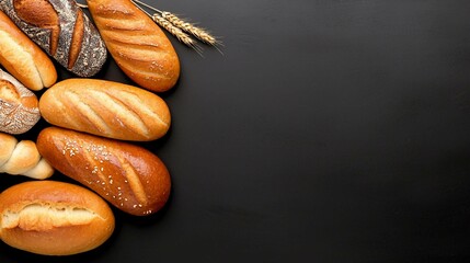 Assorted Fresh Breads with Wheat Ears on Dark Wooden Background