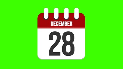 December 28. Cartoon style calendar. Cartoon style calendar with date and month name on green chroma key background. 4k.