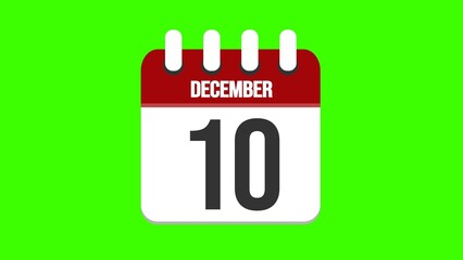 December 10. Cartoon style calendar. Cartoon style calendar with date and month name on green chroma key background. 4k.