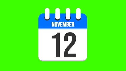 November 12. Cartoon style calendar. Cartoon style calendar with date and month name on green chroma key background. 4k.