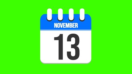 November 13. Cartoon style calendar. Cartoon style calendar with date and month name on green chroma key background. 4k.