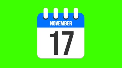 November 17. Cartoon style calendar. Cartoon style calendar with date and month name on green chroma key background. 4k.