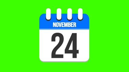 November 24. Cartoon style calendar. Cartoon style calendar with date and month name on green chroma key background. 4k.
