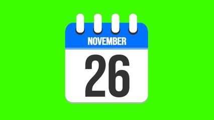 November 26. Cartoon style calendar. Cartoon style calendar with date and month name on green chroma key background. 4k.