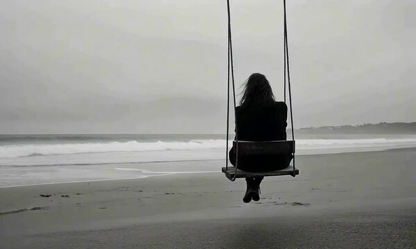 lonely woman autumn beach swing alone thoughtful unhappy black white color realistic ai generated video concept
