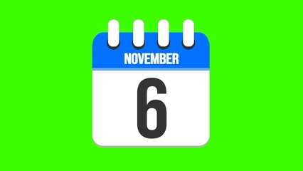 November 6. Cartoon style calendar. Cartoon style calendar with date and month name on green chroma key background. 4k.