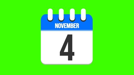 November 4. Cartoon style calendar. Cartoon style calendar with date and month name on green chroma key background. 4k.