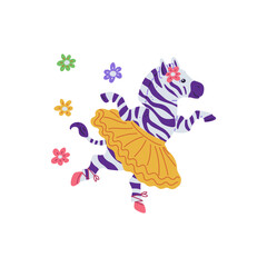Vector illustration of a zebra in a tutu and pointe shoes joyfully dancing ballet