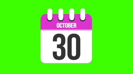 October 30. Cartoon style calendar. Cartoon style calendar with date and month name on green chroma key background. 4k.