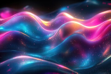 Abstract cosmic waves of vibrant pink, blue, and teal, shimmering with glitter.