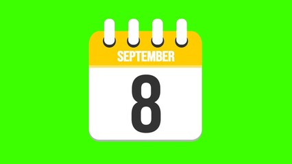 September 8. Cartoon style calendar. Cartoon style calendar with date and month name on green chroma key background. 4k.