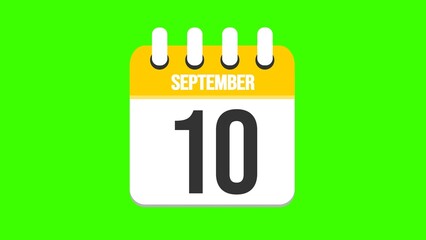September 10. Cartoon style calendar. Cartoon style calendar with date and month name on green chroma key background. 4k.
