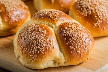 A photo of a close-up of a freshly baked sesame seed bread bun