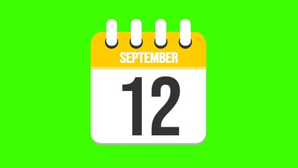 September 12. Cartoon style calendar. Cartoon style calendar with date and month name on green chroma key background. 4k.