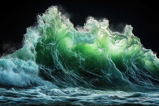 A breathtaking surge of emerald green ocean wave, frozen in time, showcasing nature's raw power and beauty.