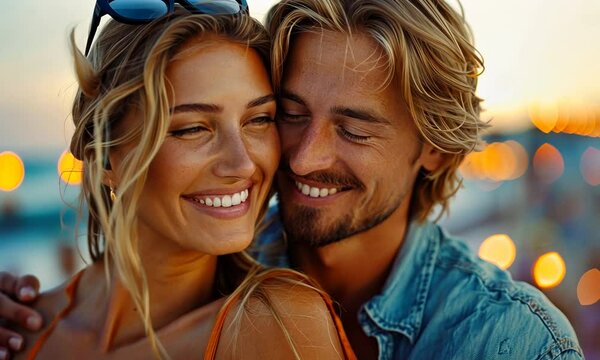 Romantic couple embracing at sunset, smiling.