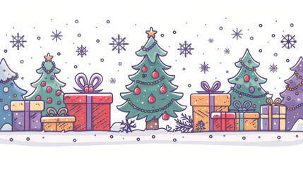 Illustration of Christmas gifts presents boxes and Xmas tree on snowy white background with snowflakes snow winter