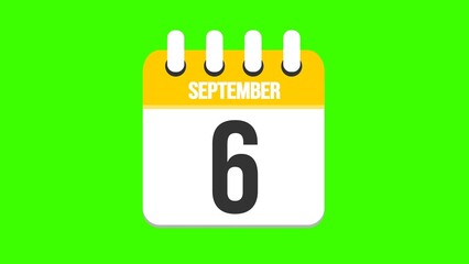 September 6. Cartoon style calendar. Cartoon style calendar with date and month name on green chroma key background. 4k.