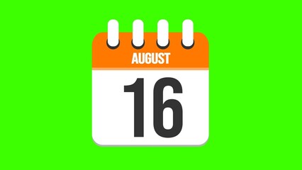 August 16. Cartoon style calendar. Cartoon style calendar with date and month name on green chroma key background. 4k.
