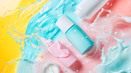 Pastel Beauty Products in Water Splash  Skincare  Cosmetics  Lotion  Cream