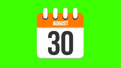 August 30. Cartoon style calendar. Cartoon style calendar with date and month name on green chroma key background. 4k.